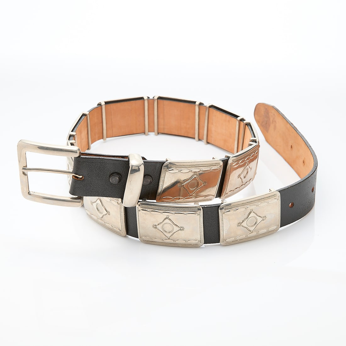 Mexican Leather Belt with Silver Placards: Mexican belt with 11 placards, metal content unmarked.Gross weight: Approximately 574g38" long.
