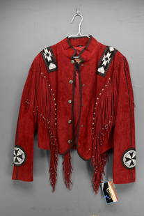 NWT Women's Cripple Creek Beaded Red Leather Jacket with Fringe, Size Large: New with original tag. Red leather jacket with beaded designs and fringe. Snap button closure.21.25"L
