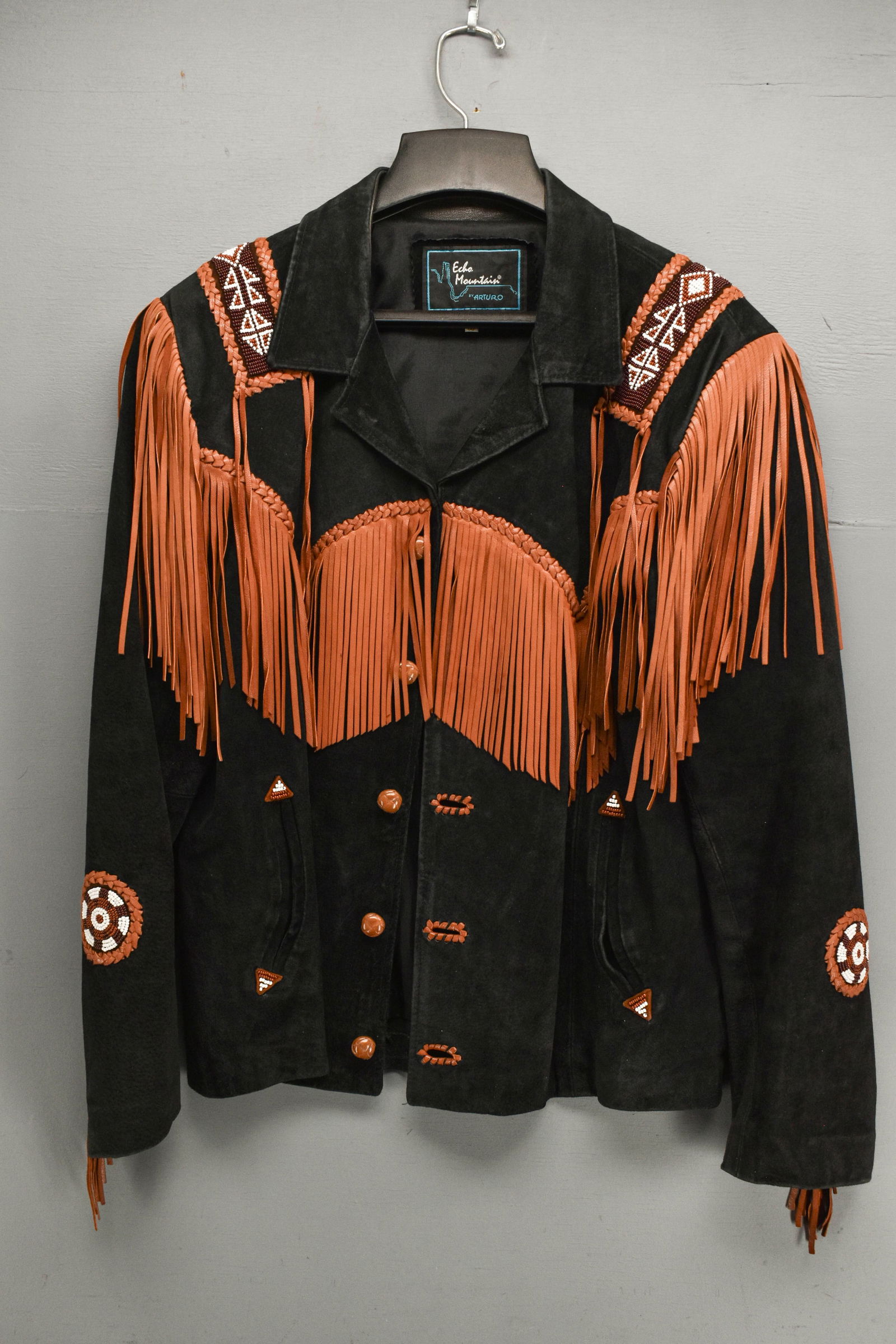 Men's Echo Mountain Black Suede Western Jacket with Beaded Designs, Fringe, Size 38 (1 of 9)