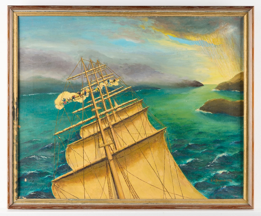 RW Barbour Oil on Canvas Naval Sailboat Painting: Robert Barbour (Irish, 1937-?). Vintage oil on canvas naval seascape painting depicting a sailboat taking on tumultuous waters, men frantically adjusting the mast as the boat leans at a canted angle,