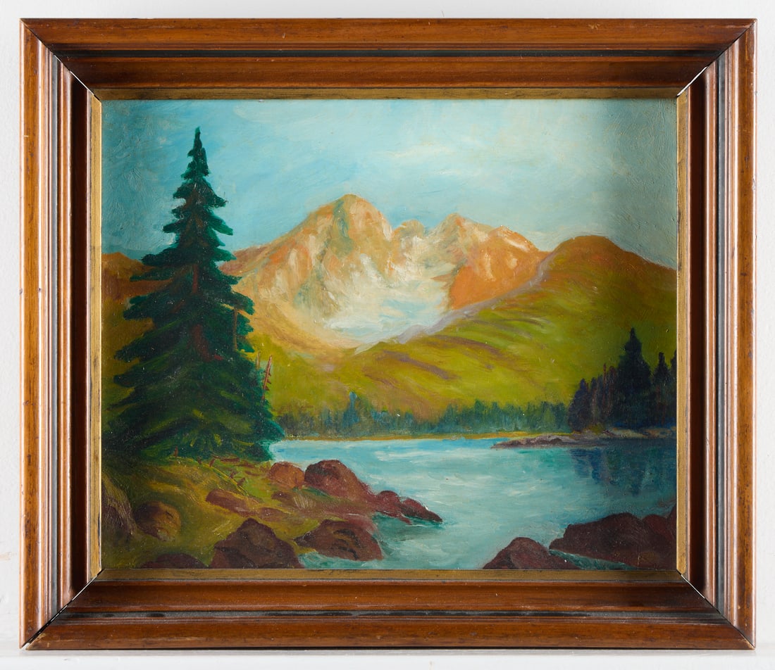 American School Landscape Oil on Board Painting: American School landscape oil on board painting depicting a snowy mountain. 12"H x 13.5"W