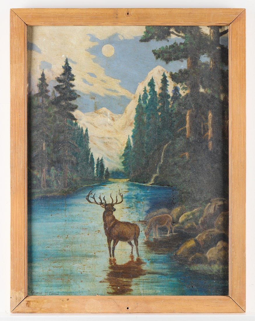 George H. Edman Oil on Board Elk in Stream Painting: George H. Edman (American, 20th century). Oil on board painting depicting an elk in a stream, 1936. Signed and dated lower left. 26.5"H x 20.5"W