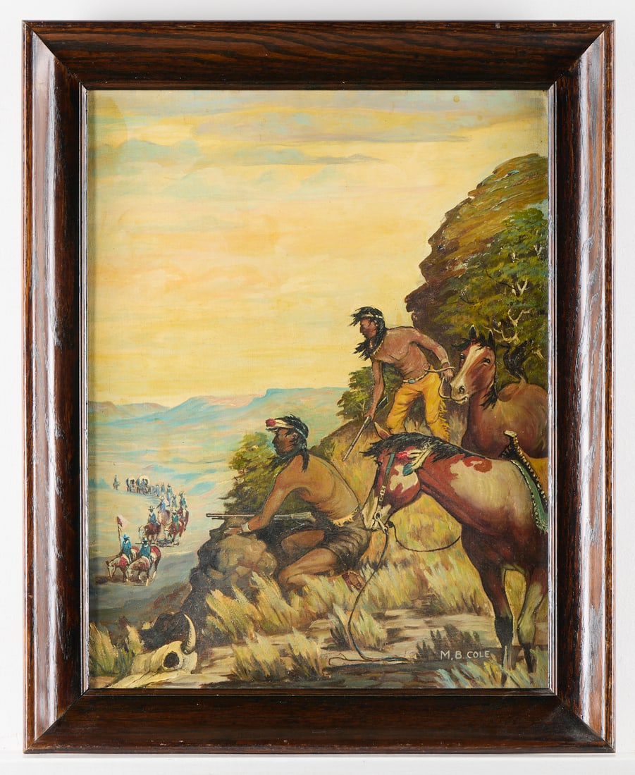 M.B. Cole Native American Oil on Board Painting: Oil on board painting depicting two Native American Indian figures with horses and rifles overlooking a bluff, a procession of Western cowboys and wagons drawn by horses below. Signed "M.B. Cole&