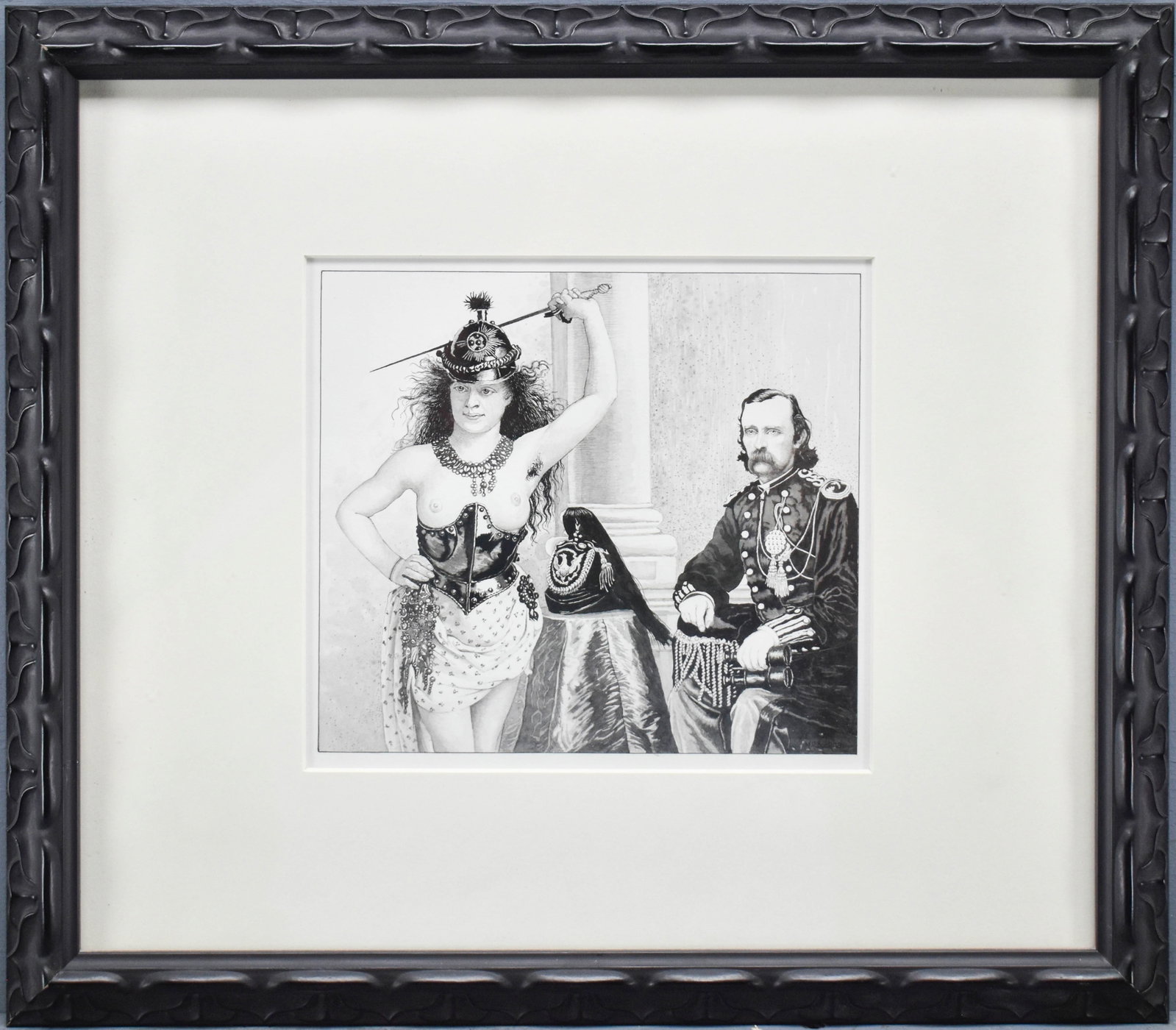 Malcom R. Bucknall "Custer Contemplates Women in the Military" Ink Drawing: Ink on paper drawing depicting General George Custer admiring a dancing woman. Signed lower right. 13.75"H x 15.75"W.