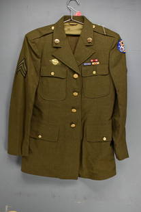 WWII Era U.S. Army Air Corps Sergeant Green Dress Uniform: Green wool dress jacket, matching trousers, service medal ribbons and ranked Sergeant in the 5th Army Air Force. Comes in a garment bag.