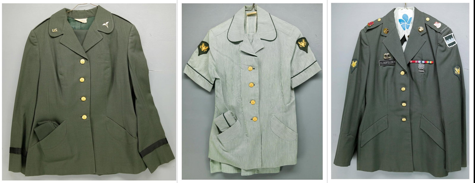 U.S. Army Women's Uniforms: U.S. Army Women's uniforms including two dress jackets with cap, one matching skirt, one summer uniform with skirt, and one summer shirt. Comes with service medals, Rifle and other insignia. Clodfelde