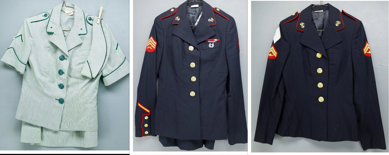 Three Women's U.S. Marine Uniforms: Three U.S. Marines women's uniforms including one light green uniform with skirt and cap, one dress blue uniform with skirt and one dress blue jacket. Name on a tag is Yvonne J. Johnson. Pistol expert