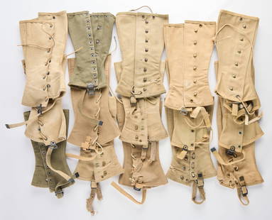 Grp WWII US Army Canvas Gaiter Spats: Group of vintage US militaria uniform canvas spats or gaiter garments, early 20th c. Likely from US Army branch of the military.