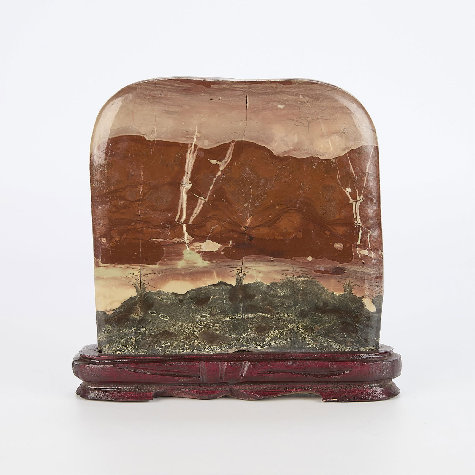 Polished Slab of Brecciated Jasper w/ Stand: Rectangular slab of polished brecciated jasper stone on a hand-carved wooden stand.7"H x 7"W x 1.5"D
