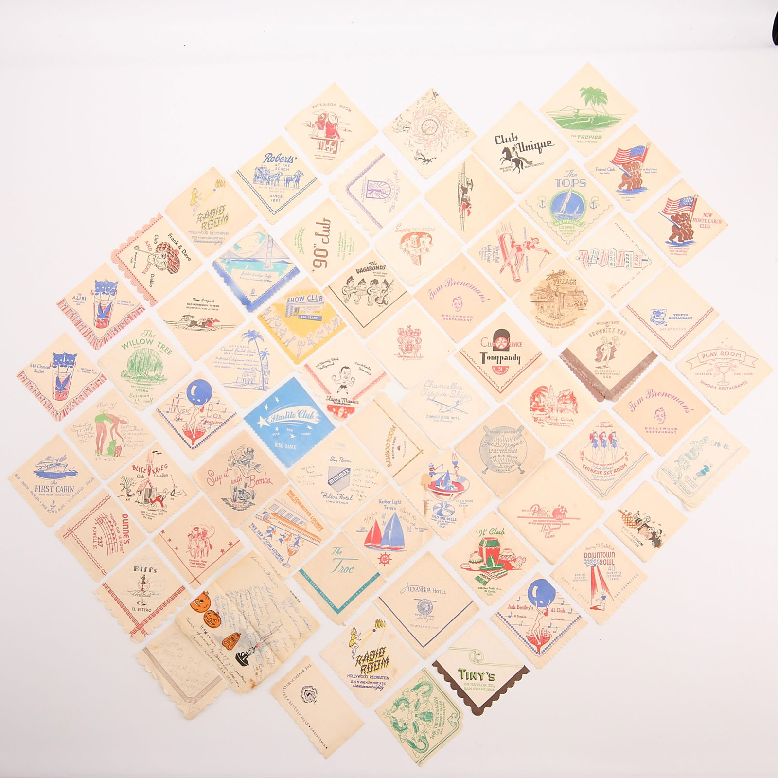 Vintage Napkins w/ Notes & Signatures: Large group of vintage bar and restaurant napkins, many with handwritten notes and signatures.(Each) Approximate; width: 5 in x depth: 5 in.