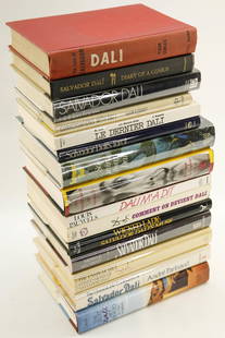 Group Salvador Dali Books: Lot of books related to Salvador Dali. Books may include information about Dali, his work, illustrations by Dali, and more.15" x 12" x 10"