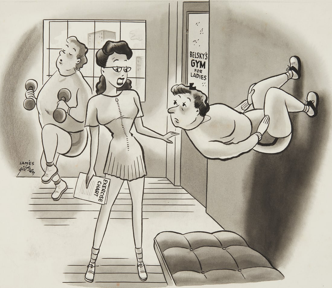James Gibson Wall Climbing Comic Illustration: James Gibson (American, 20th c). Pen and ink comic illustration captioned "No, no, Mrs. Quibley! Just lie on the floor and pretend you're climbing." depicting three women exercising, one walking up th