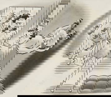 James Gibson Wall Climbing Comic Illustration: James Gibson (American, 20th c). Pen and ink comic illustration captioned "No, no, Mrs. Quibley! Just lie on the floor and pretend you're climbing." depicting three women exercising, one walking up th