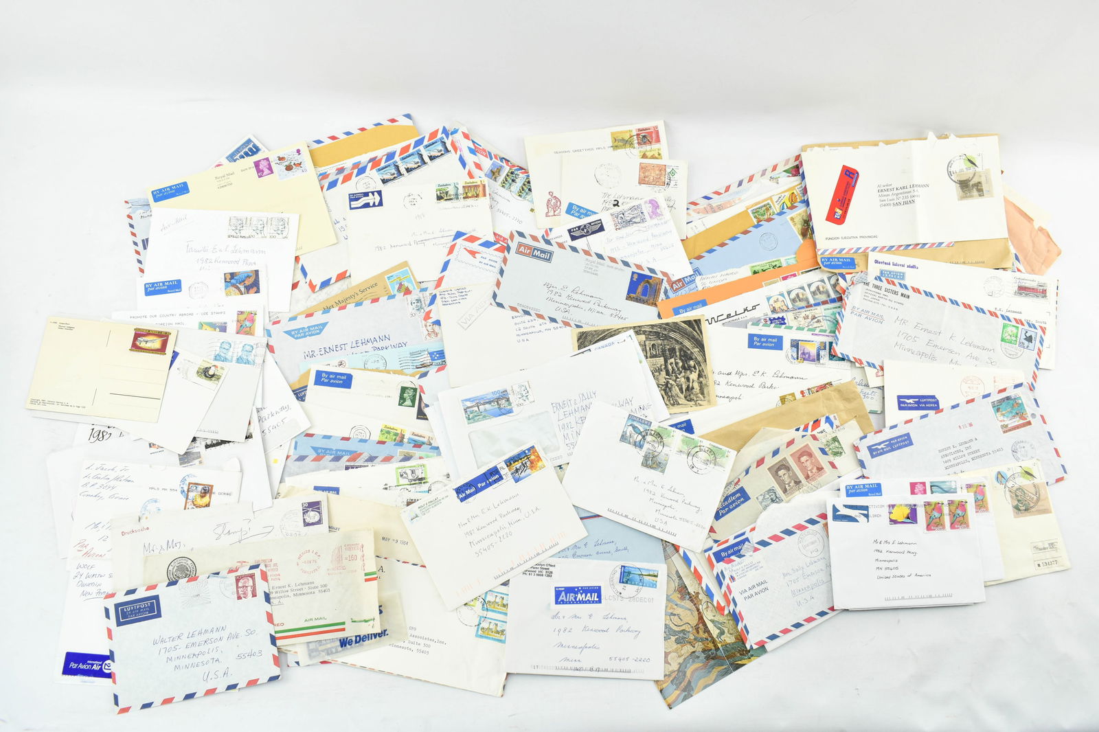 Large Group Vintage International Air Mail Envelopes, Postcards, & Unused Airmail Labels (1 of 10)