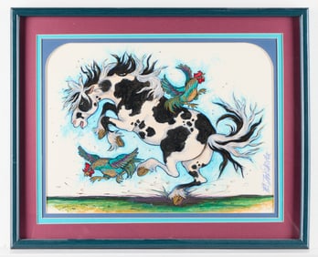Kristin Schuyler Horse & Roosters Oil & Ink Painting