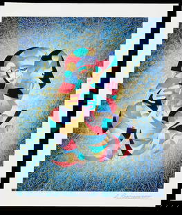 Anatole Krasnyansky "Play That Horn" Seriolithograph: Color seriolithograph depicting an abstracted musician. Printed signature lower right. Unframed.23"H x 19.25"W.