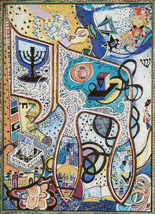 Raphael Abecassis "Chai Torah" Lithograph: Raphael Abecassis (Israeli, b. 1953). Lithograph on paper titled "Chai Torah" depicting a profuse and abstract scene including figures, many symbols of Judaism such as a menorah and star of David, and