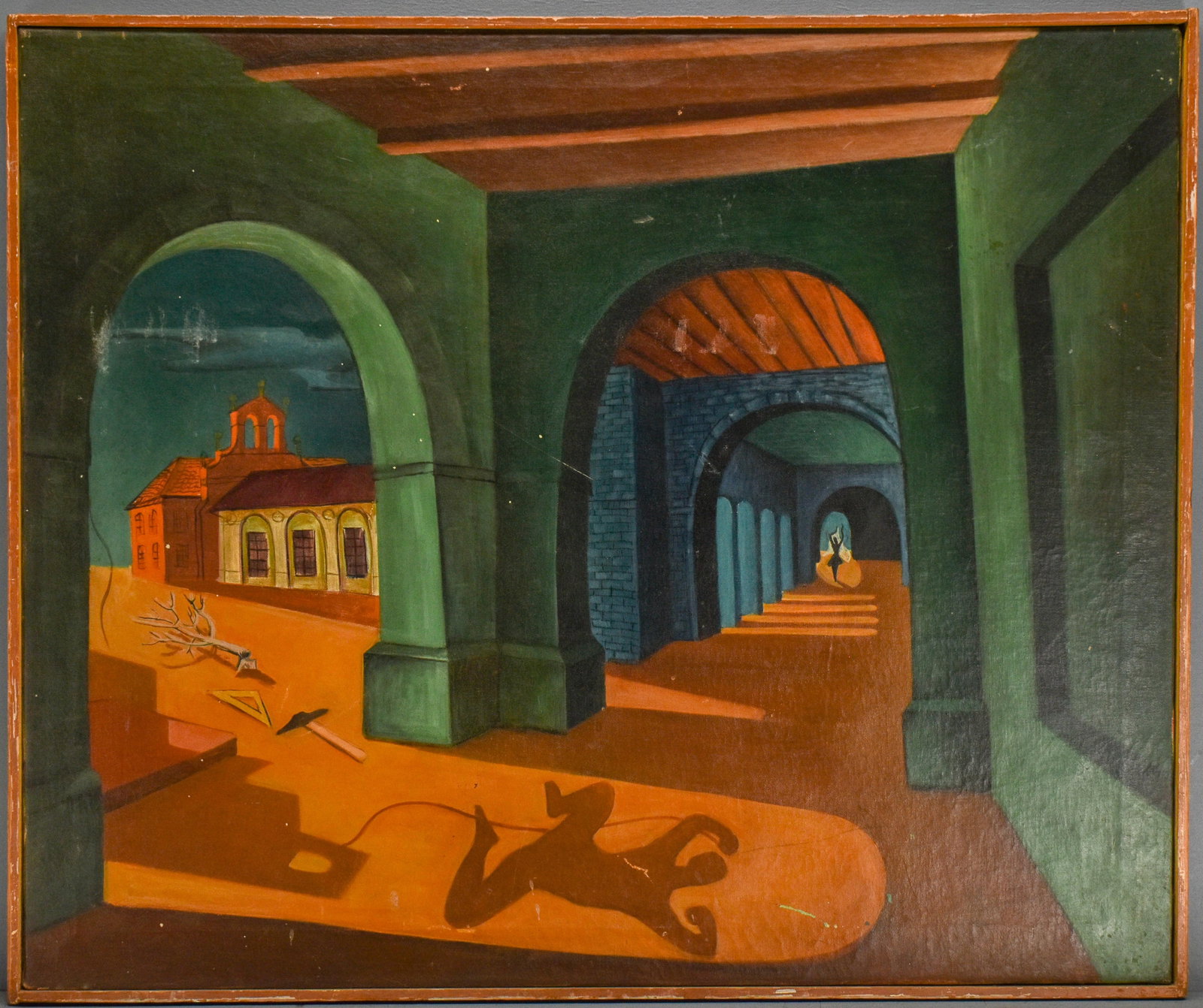 Antique Surrealist Oil Painting: Oil on canvas, appears unsigned.29"H x 34 3/4"W.