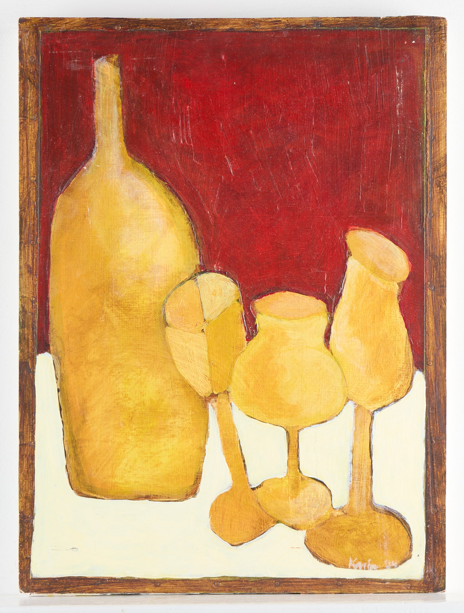 Oil on Board Still Life Bottle & Glasses Painting: Oil on board still life painting depicting several glasses and a large wine bottle. Executed in earthy yellow against a red and cream ground. Illegibly signed lower right.15.5"H x 11.5"W