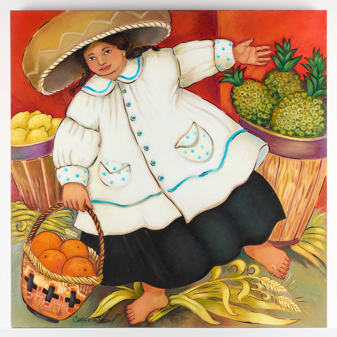 Carter Holman "Again and Again" 1999 Oil on Canvas: Carter Holman oil on canvas painting titled "Again and Again," depicting a smiling woman with baskets of lemons, pineapples, and oranges around her. Signed along the lower left edge. "Carter Holman Ag