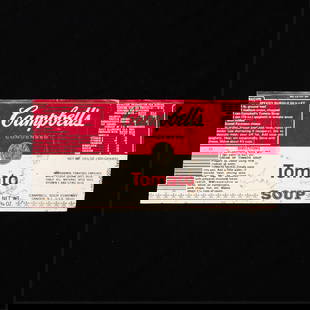 Signed Warhol Campbell's Soup Label: Campbell's tomato soup can label signed Andy Warhol along the lower center.8 1/4"L x 3 3/4"W.