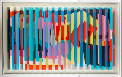 Bat Zvi Yellow Brick Road Duligraph: Three dimensional duligraph op-art print titled "Yellow Brick Road," 1988. Signed, titled, dated on verso.40 1/2"H x 64 1/2"W.