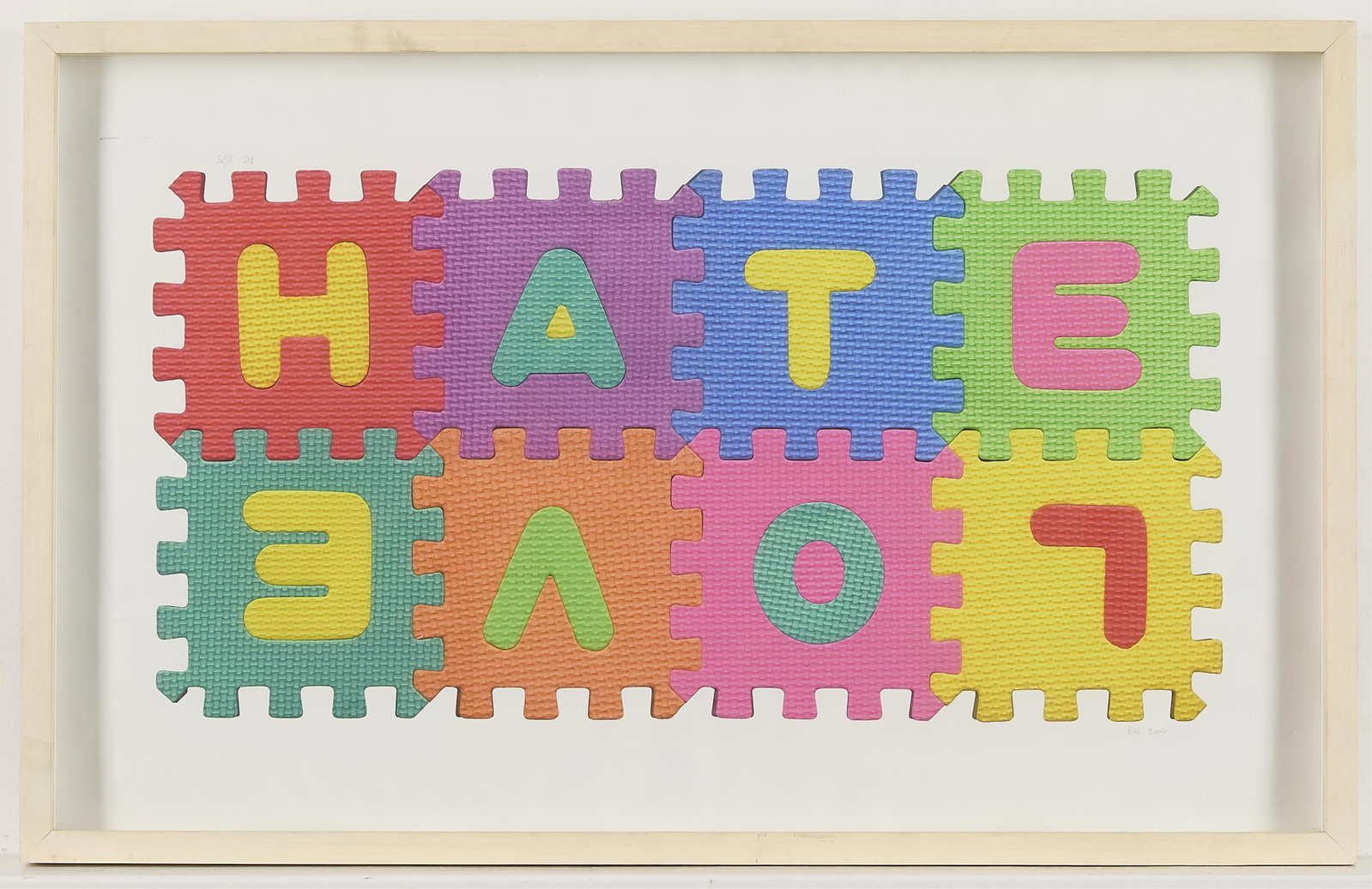 Contemporary "Love / Hate" Print 2006: Contemporary print depicting a child's spelling play mat with the words "Hate" and "Love," 2006. Pencil signed and dated along the lower right. Numbered H.C. 8/25 along the upper left. 16 1/2"H x 26 1
