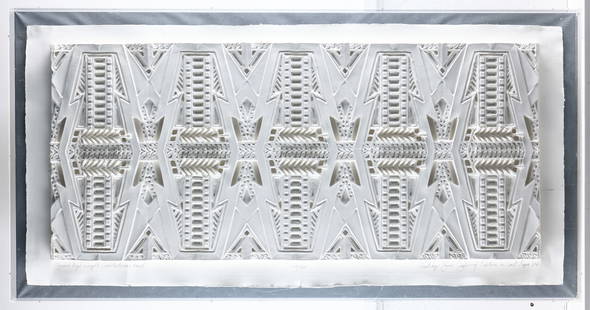 Frank Gallo Cast Paper Frank Lloyd Wright Lim.Ed.: Limited edition cast paper relief work depicting repeating geometric motifs. Pencil signed and inscribed along the lower right. Titled "Frank Lloyd Wright Architectural Panel" along the lower left.32