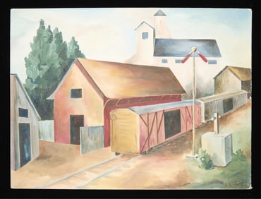 Oil Railyard Painting Signed
