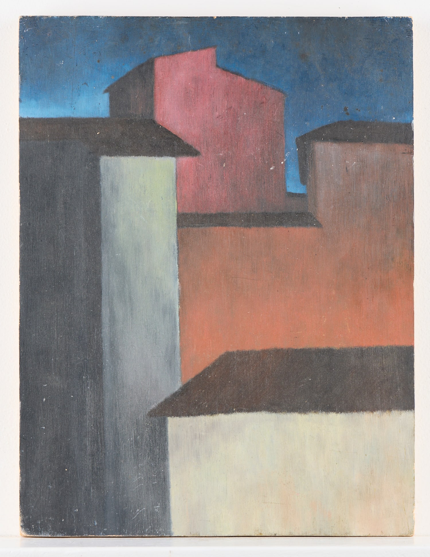 Mario Sironi Painting of Tall Buildings on Board: Sironi painting on board of four geometric, tall buildings in deep colors. Signed along the verso.Height: 15 3/4 in x width: 12 in x depth: 3/4 in.