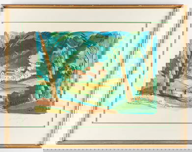 Elmyr de Hory S/N Lithograph: Lithograph on paper print depicting a landscape. Signed and numbered 162/175.Sight; height: 20 x width: 28 1/2 in. Framed; height: 28 in x width: 25 in x depth: 1 1/2 in.