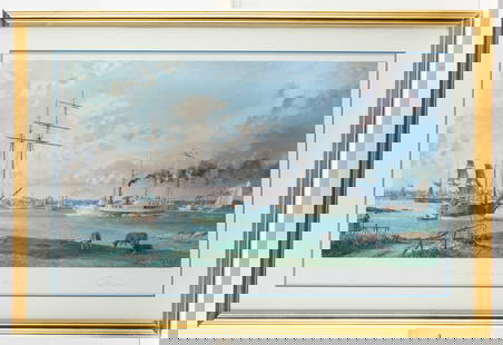 John Stobart "Detroit from Canada" Print S/N: John Stobart (British, 1929-2023). Lithograph on paper titled "Detroit: A View of the City from the Canadian Shore c. 1838," 1995. Pencil signed and editioned 19/750 along the lower right.29"H x 42.25