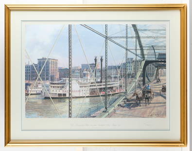 John Stobart "Pittsburg: Monongahela Wharf" S/N Print: John Stobart (British, 1929-2023). Lithograph on paper titled "Pittsburgh: The Monongahela Wharf Seen from Smithfield Street Bridge, 1883," 2000. Pencil signed and editioned 19/500along the lower righ
