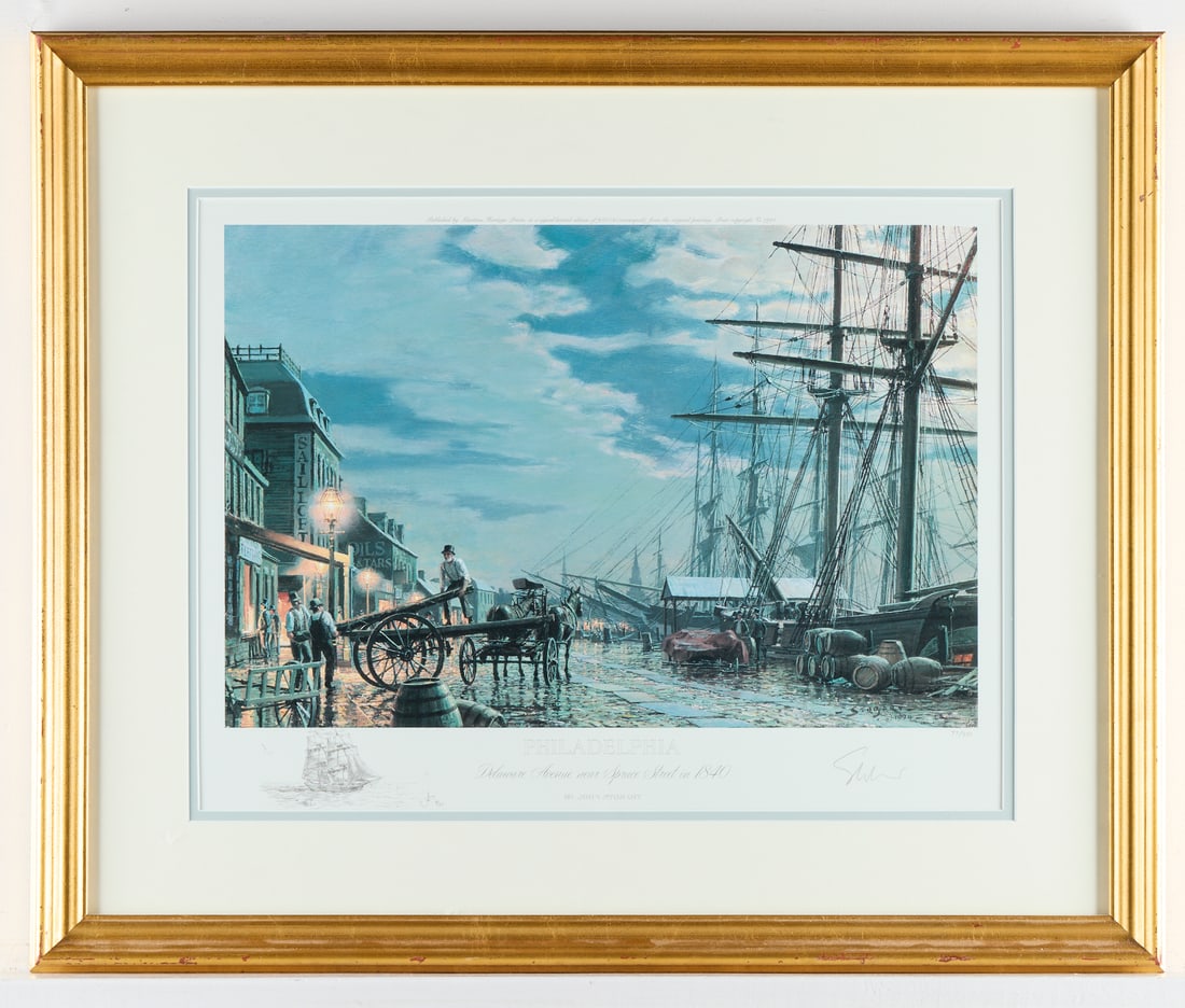 John Stobart "Philadelphia: Delaware Avenue" S/N: John Stobart (British, 1929-2023). Lithograph on paper titled "Philadelphia: Delaware Avenue Near Spruce Street in 1840," 1994. Pencil signed and editioned 77/950 along the lower right.22"H x 26.5"W.