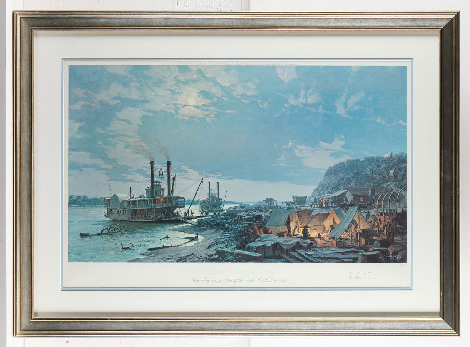 John Stobart "Independence" S/N Print: John Stobart (British, 1929-2023). Lithograph on paper titled "Independence: Start of the Santa Fe Trail in 1842," 1977. Pencil signed and editioned 245/750 along the lower right.31.75"H x 43.25"W.