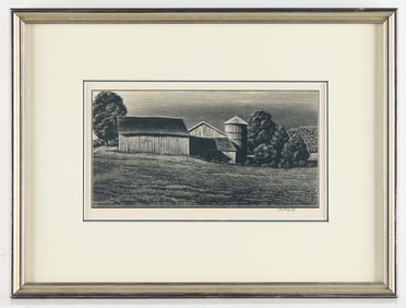 Asa Cheffetz "Farm Buildings" Wood Engraving 1945