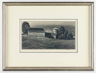 Asa Cheffetz "Farm Buildings" Wood Engraving 1945: Asa Cheffetz (American, 1896-1965). Wood engraving titled "Farm Buildings" depicting a silo and barn amid a field, 1945. Pencil signed along the lower right.Provenance: Thronja Original Art Gallery Ma