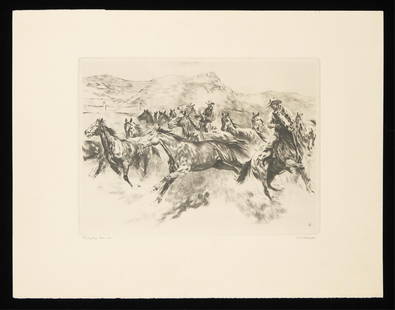 R. H. Palanske "Bringing 'Em In" Etching Print: Etching print on paper titled "Bringing 'Em In" depicting a cowboy rounding up wild horses. Pencil signed and titled lower margin below image.12 1/4"H x 16"W.