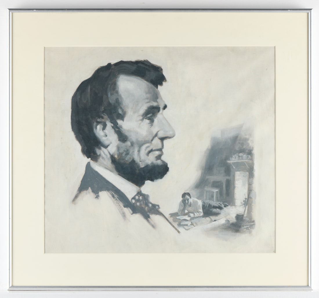 Abraham Lincoln Portrait Painting: Gouache or watercolor painting on paper depicting a figure reading by a fireplace and a portrait bust of U.S. President Abraham Lincoln. 23 1/2"H x 25 1/4"W.
