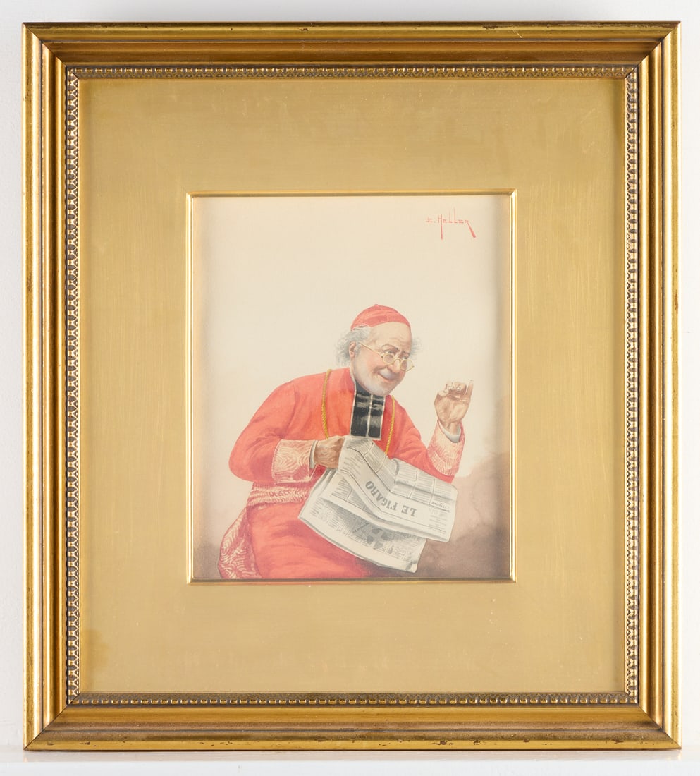 E. Heller Watercolor "Le Figaro" Cardinal Painting (1 of 4)