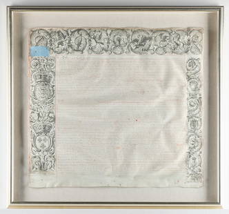 Antique Letter of Nobility Manuscript Document: Antique or historic manuscript letter document addressed to Sir Thomas Colepeper. Decorated with intricate mythical and floral motifs throughout the margins; three crests or coats of arms along the le