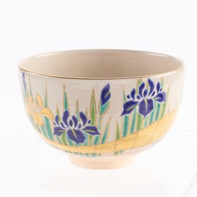 Japanese Ceramic Iris/Gold Leaf Tea Bowl