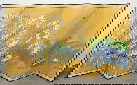 Japanese 6-Panel Kano Floor Screen w/ Landscape