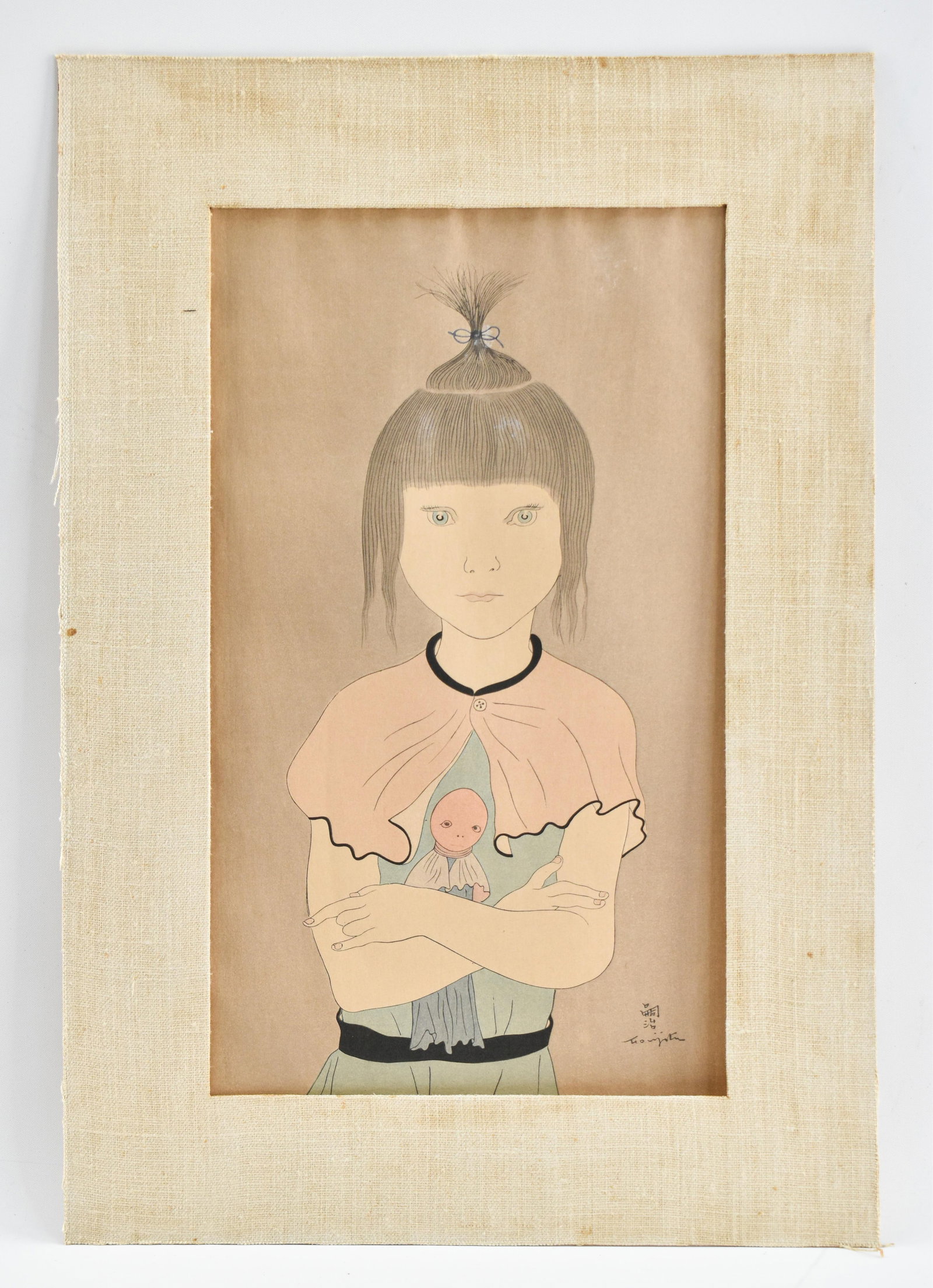 Leonard Tsuguharu Foujita, Little Girl with Rag Doll Ukiyo-e Woodblock Print: Original color Japnese Ukiyo-e style woodcut print by Leonard Tsuguharu Fujita (Japanese-French, 1886-1968). Print dates to circa 1920-1940. Depicts a young girl clutching a doll to her chest. Ink sig