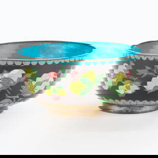 Antique Chinese Cloisonne Bowl: Antique Chinese cloisonne bowl with fruits or flowers along the exterior and with a teal blue interior.Height: 2 1/4 in x diameter: 4 1/4 in.