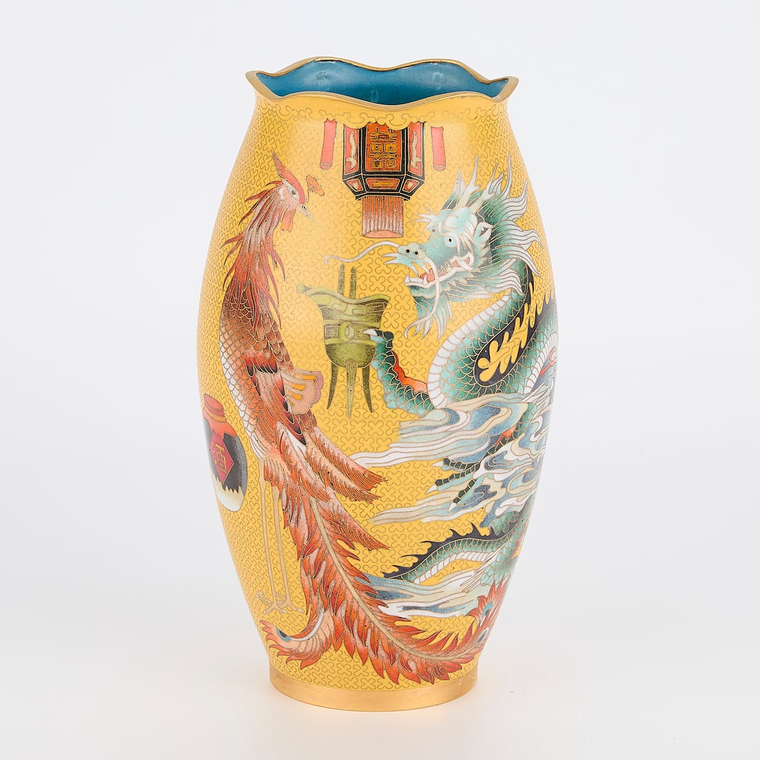 Chinese Cloisonne Vase w/ Dragon & Phoenix: Chinese cloisonne vase depicting a dragon and phoenix on a yellow field. Marked on the bottom.10"H x 5.5"Dia.