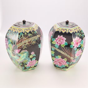 Pair of Asian Famille Noire Hexagonal Vases