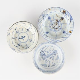 3 Chinese Ming B&W Ceramic Bowls