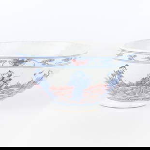 Chinese Porcelain Bowl - Marked: Chinese blue and white porcelain bowl with iron-red decoration. Depicting figures in a landscape with clouds and bats. Six-character mark along the underside.Height: 3 1/2 in x diameter: 7 1/4 in.