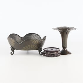 Group of Asian Bronze Vessels and Wood Stand